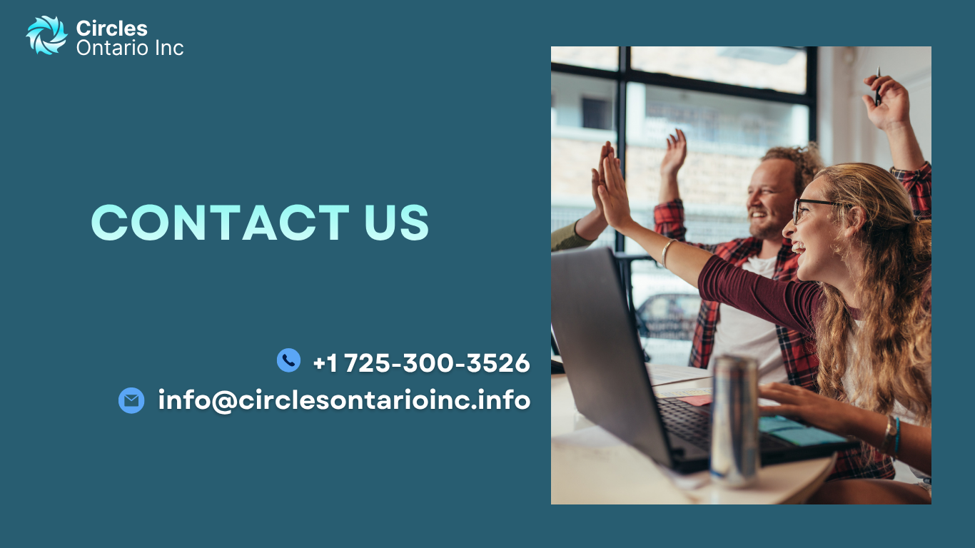 Contact Circles Ontario Inc. at 725-300-3526 or info@circlesontarioinc.info; colleagues around a laptop